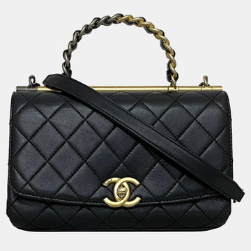Black Quilted Lambskin Leather Small Classic Top Handle Flap Bag
