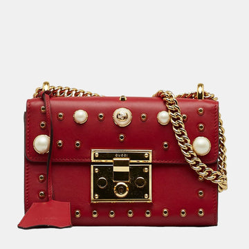 Red  Studded Leather Small Padlock Shoulder Bag