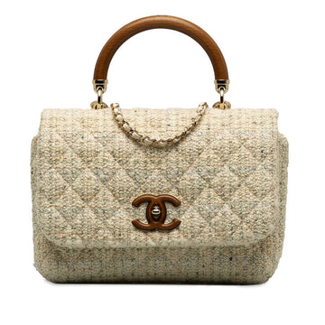 Chanel Coco Top Handle Chain Shoulder Bag White Multicolor Tweed Bamboo
