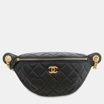 Black Caviar Leather Matelasse CC Logo Heart Chain Crossbody Bag