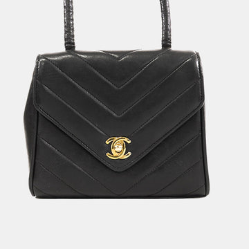 Black CC Chevron Lambskin Flap