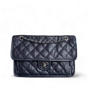 Chanel French Riviera Jumbo - Caviar 30CM Quilted Dark Navy Blue Silver Hardware Series 19