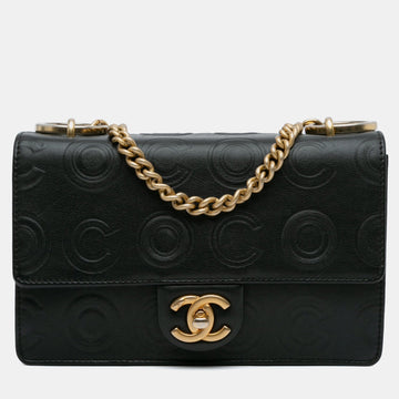 Black Metallic Calfskin Leather Embossed Circle C Flap Bag