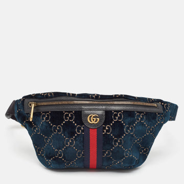Blue GG Velvet and Leather Web Belt Bag