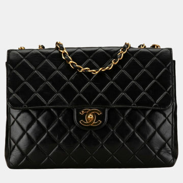 Black Lambskin Leather Jumbo Classic Single Flap Shoulder Bag