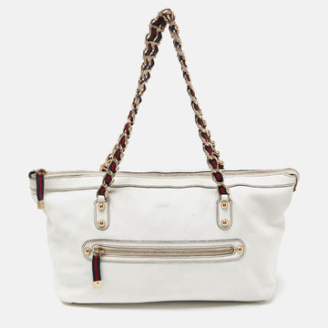 White Leather Front Zip Chain Tote