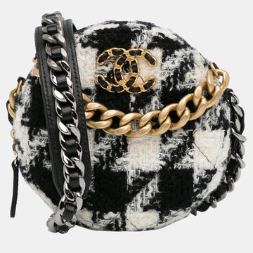 Black/White Tweed 19 Round Clutch with Chain