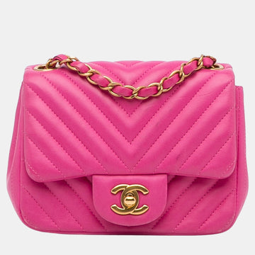 Pink Mini Square Classic Lambskin Chevron Flap