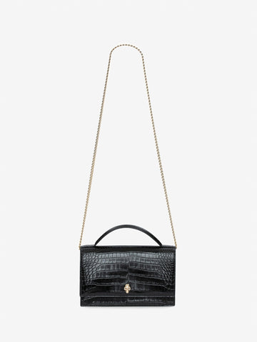 ALEXANDER MCQUEEN CROC EMBOSSED CALFSKIN TOP HANDLE SKULL CROSSBODY BAG