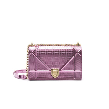 CHRISTIAN DIOR Metallic Calfskin Micro-Cannage Diorama Medium Flap Bag Pink