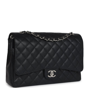 New Chanel Maxi Classic Double Flap Bag Black Caviar Silver Hardware