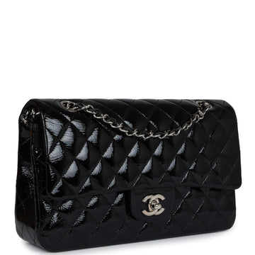 New Chanel Medium Classic Double Flap Bag Black Crumpled Patent Leather Silver Hardware