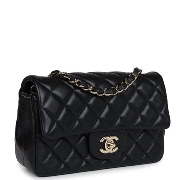 New Chanel Mini Rectangular Flap Black Lambskin Light Gold Hardware