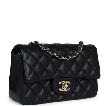 New Chanel Mini Classic Rectangular Flap Bag Black Lambskin Light Gold Hardware