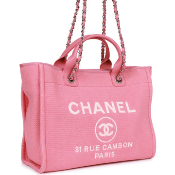 Chanel Small Deauville Shopping Bag Pink Boucle Silver Hardware