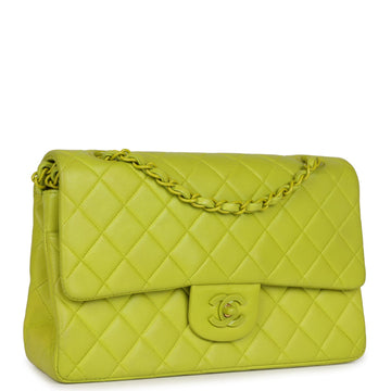 New Chanel Medium Classic Double Flap Lime Green Lambskin Green Hardware