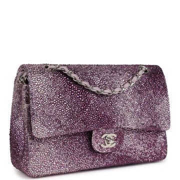 Custom SwaroECki Crystal Chanel Medium Classic Double Flap Purple Lambskin Silver Hardware