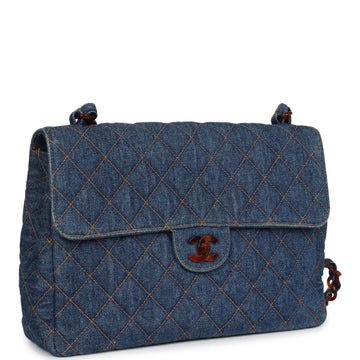 Vintage Chanel Jumbo Single Flap Bag Blue Denim Tortoiseshell Bakelite Hardware
