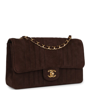 Vintage Chanel Medium Vertical Flap Bag Brown Suede Gold Hardware
