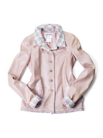 Chanel CC Leather Tweed Fringe Jacket Pink