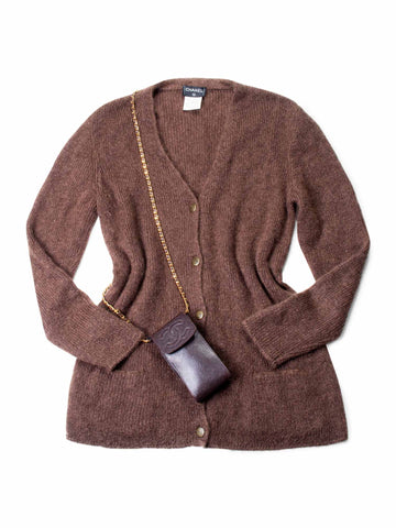 Chanel CC Logo Mohair Knit Long Cardigan Brown