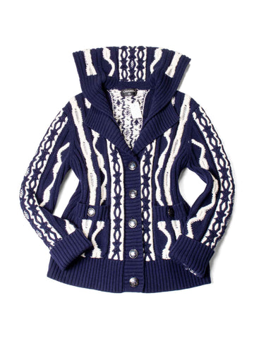 Chanel Cable Knit Cashmere Sparkly Nautical Cardigan Blue White