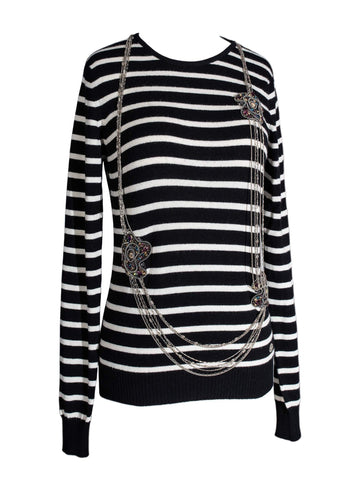 Chanel Cashmere Long Chain Necklace Striped Sweater Black White