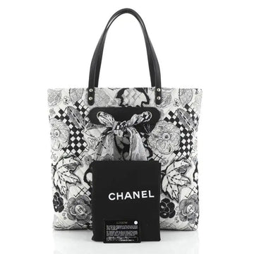 CHANEL CAMELLIA QUILTED CORDUROY & SILK SCARF TOTE BAG