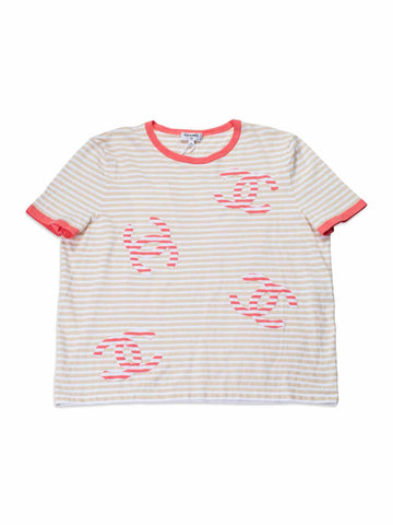 Chanel Cotton CC Logo Stripe Top Tan Pink EU
