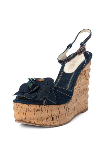 Chanel Denim Camellia Platform Cork Sandal Blue