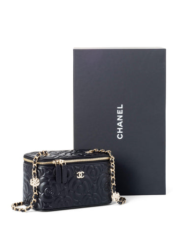 Chanel Lambskin Camellia Quilted Leather Mini Vanity Messenger Bag Black