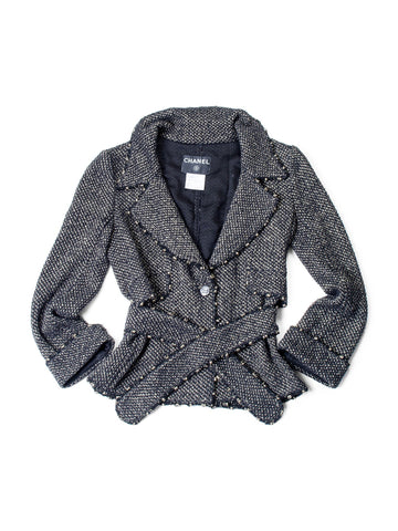 Chanel Lesage Tweed Fringe Fitted Belted Jacket Gold Black