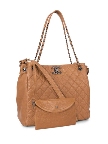 Chanel Quilted Leather CC Logo Shopper Bag Brown