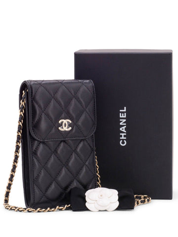 Chanel Quilted Leather Camellia Phone Messenger Bag Black