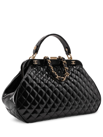 Chanel Quilted Patent Leather CC Logo Top Handle Bag Black