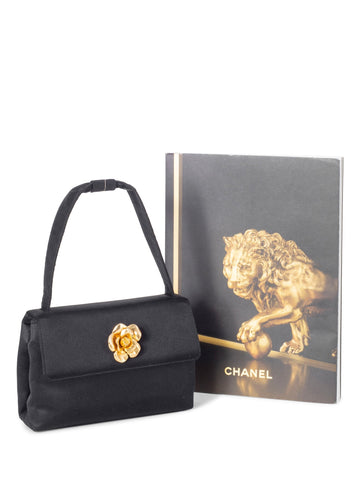 Chanel Satin K Gold Camellia Mini Flap Bag Black