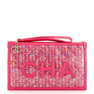 CHANEL TWEED PVC LAMBSKIN LEATHER WRISTLET CLUTCH