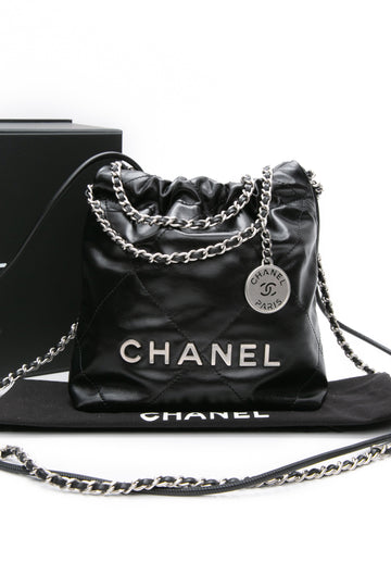 CHANEL Black Calfskin Quilted Mini Chanel 22 Crossbody Bag