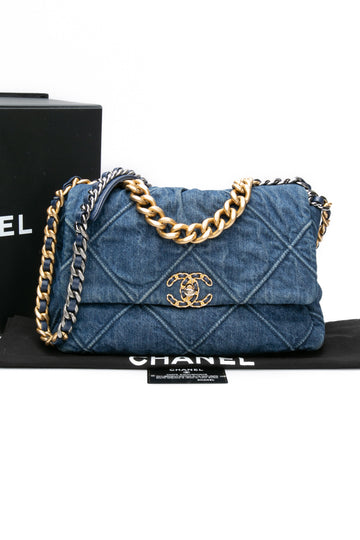 CHANEL Blue Denim Quilted Medium Chanel 19 Crossbody Bag