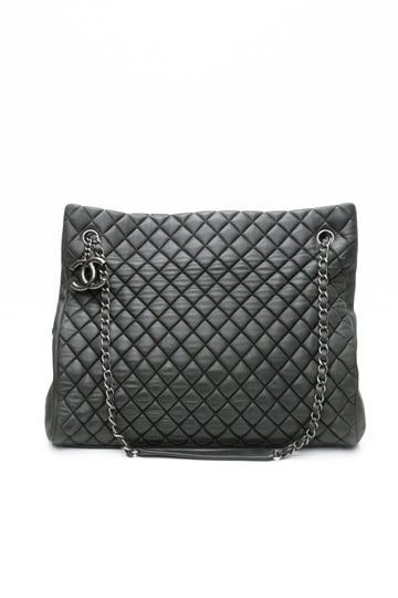 CHANEL Dark Green Iridescent Calfskin Quilted New Bubble North South Tote Bag