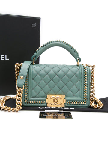 CHANEL Green Chain Around Small Boy Flap Bag