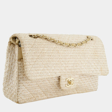 CHANEL CLASSIC DOUBLE FLAP TWEED IVORY GOLD CHAMPAGNE GOLD HARDWARE-HS
