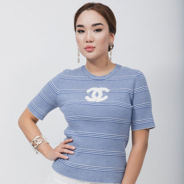 CHANEL STRIPED WHITE & BLUE LA PAUSA 2019 T-SHIRT
