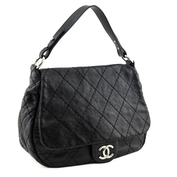 Chanel Black Glazed Calfskin Stitched XL On The Road Flap