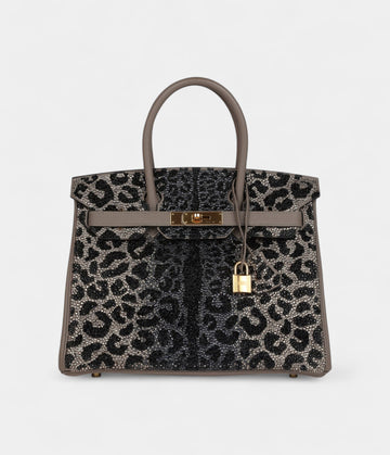 Custom Leopard Swarovski Crystal Hermès Birkin 30 Gris Asphalte Togo Gold Hardware
