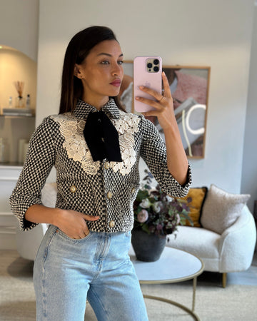 Gucci Black and White Tweed Jacket with Lace Detail and EC Buttons Size IT 36 (UK 4)
