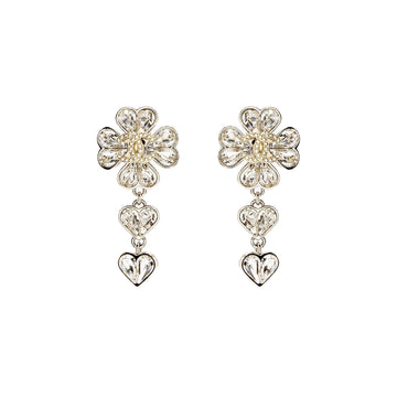 Chanel CC Clover Heart Drop Earrings Crystal Silver Tone
