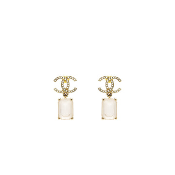 Chanel CC Logo Square Drop Earrings with Crystal Light Gold Tone