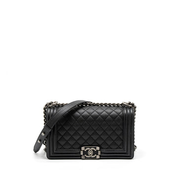 Chanel Medium Boy Bag Grained Calfskin Black Ruthenium Hardware