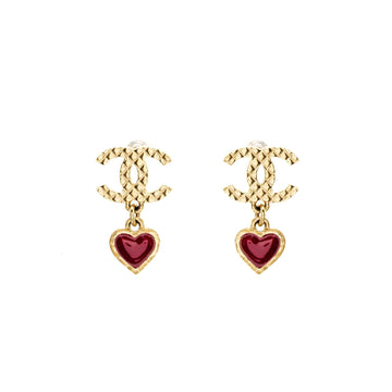 Chanel CC Heart Drop Earrings Light Gold Tone/ Purple